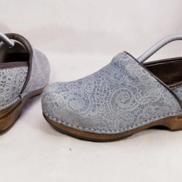DANSKO XP PROFESSIONAL STAPLED CLOGS  BLUE TOOLED LEATHER PAISLEY FLORAL 38/7 - Picture 5 of 8